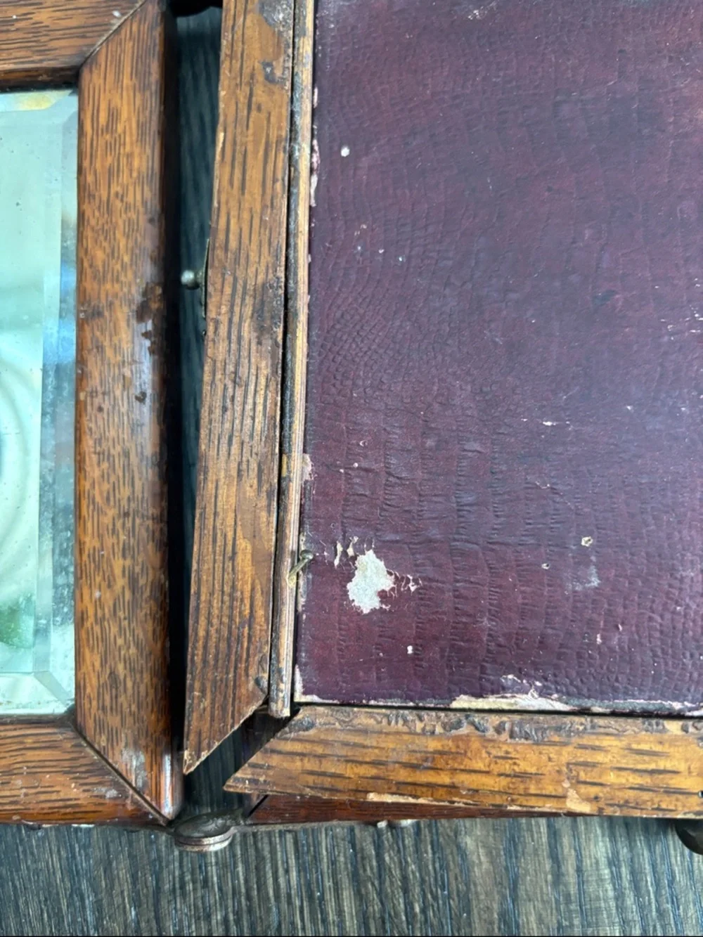 Vintage triple wood framed mirrors, beveled glass,hinges,patina,7.25x7.25” each